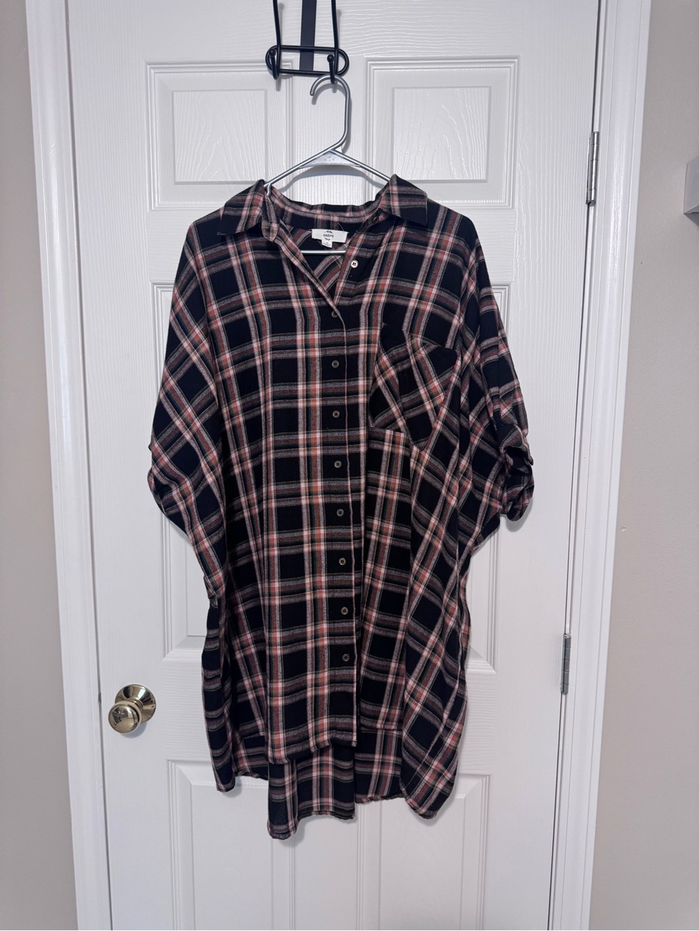 BOUTIQUE Black Plaid Shirt with Rust and Cream Stripes Oversized mini dress - M